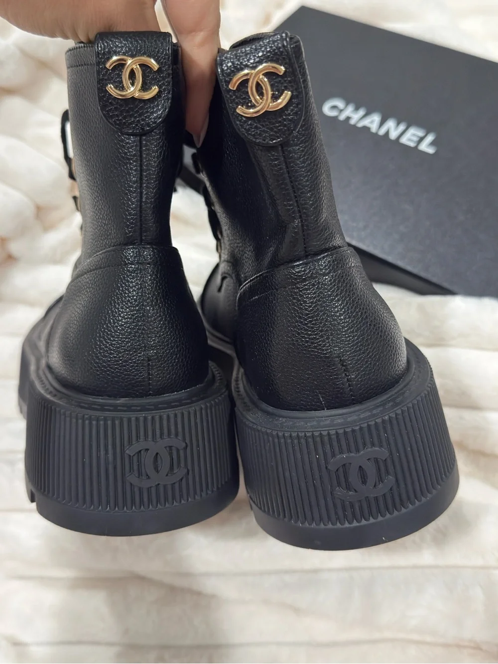 CHANEL Black Leather Lace-Up Combat Boots with Glossy Cap Toe
